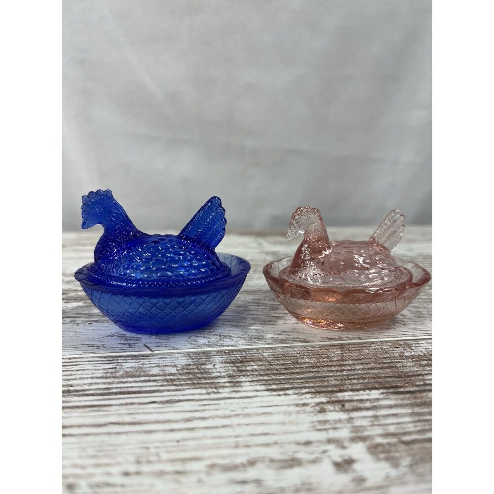 Glass Miniature Hen on Nest pair. One pink/ One Blue. No maker mark.